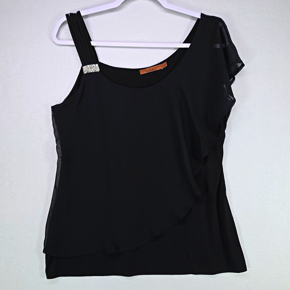 Belldini Womens L Black Chiffon One Shoulder Rhinestone Stretch Blouse Top